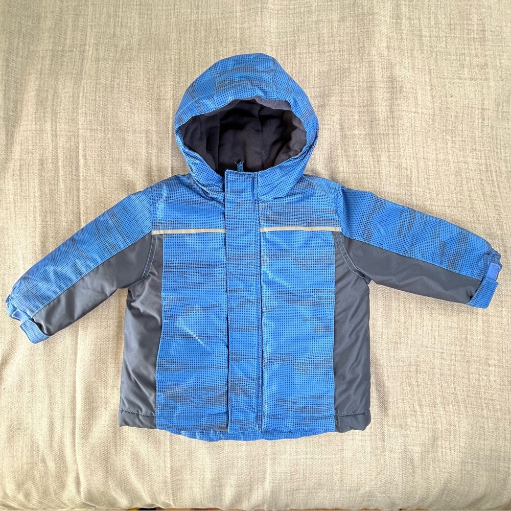 George Puffer Ski Jacket Boys 2T Blue Black Hooded Winter Coat Warm Fleece Lined